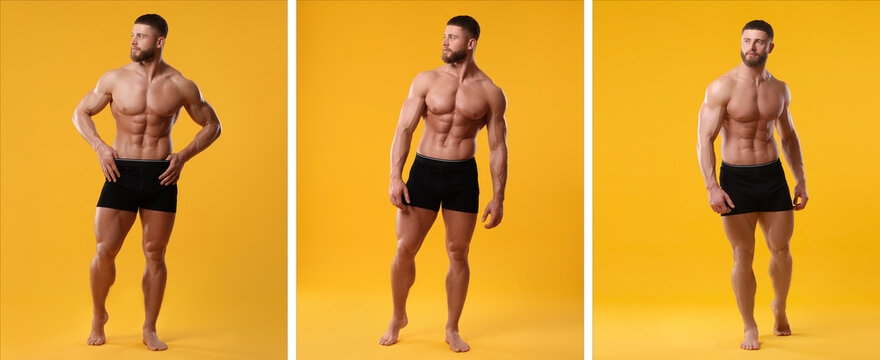 Muscular man in stylish black underwear on yellow background, collection of photos