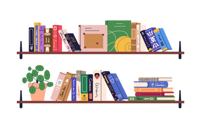 Kids bookshelf. Book shelves, home library with childrens literature. Fiction, encyclopedias, school textbooks for reading, education. Flat graphic vector illustration isolated on white background