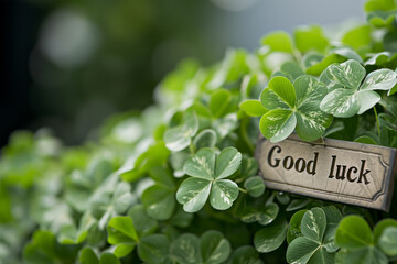 Good luck concept image with four leaves clover and good luck words written