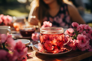 Hibiscus tea in tea cups with pink flowers and group of friends around to drink eat in beautiful spring day outside - obrazy, fototapety, plakaty