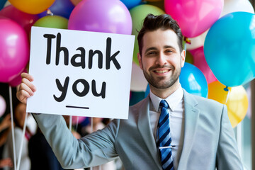 Thank you concept image with a business man manager holding a sign with written Thank you words in open space office with party balloons to thank his team for the hard work done during the year