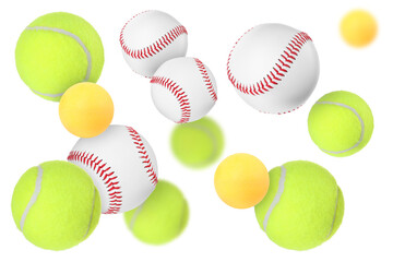 Many balls for different sports flying on white background