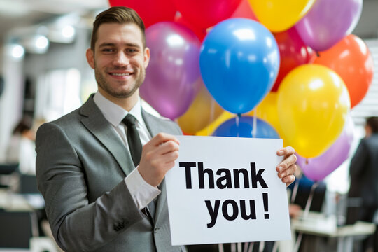 Thank you concept image with a business man manager holding a sign with written Thank you words in open space office with party balloons to thank his team for the hard work done during the year