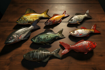 Assortment of fresh fish on a wooden background. Top view. ai generated