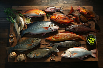 Assortment of fresh fish on a wooden background. Top view. ai generated
