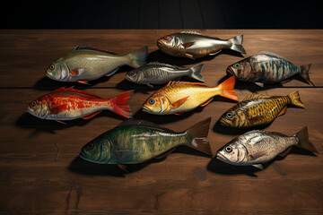 Assortment of fresh fish on a wooden background. Top view. ai generated