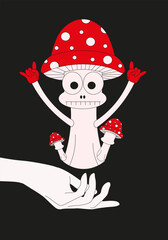 Design greeting card with Trippy Toadstool in hand on black background. Cartoon Mushroom. Vector illustration can used t-shirt print, web and social media banner. Haloween postcard. XMAS card. EPS 10
