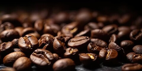 Fototapeta premium Aromatic delight. Close up of freshly roasted brown coffee beans in scenic frame. Rich espresso palette. Macro view creating abstract composition. Morning brew essentials. Fresh arabica gourmet