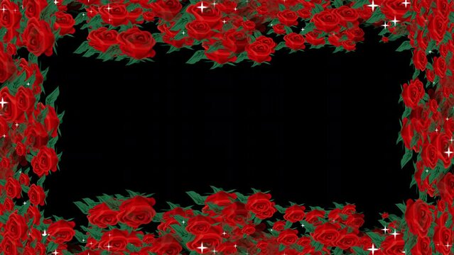4K Red Rose flower display frame loop overlay with flower petals and particle lights for overlays on your celebration projects, couples, elements, loving, marry, Mother's Day, scene and titles, logos.