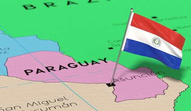 Paraguay, Asuncion - national flag pinned on political map - 3D illustration