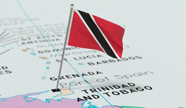 Trinidad and Tobago, Port of Spain - national flag pinned on political map - 3D illustration