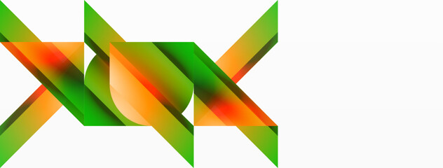 Vibrant color triangles and circles on white background intertwine to create captivating and harmoniously balanced composition for digital designs, presentations, website banners, social media posts