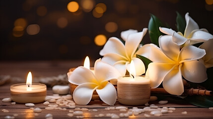 Obraz na płótnie Canvas Candles and flowers on a table with a plumeria flower, generative ai