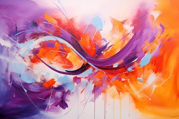 Bold strokes of tangerine and royal purple converge in a kaleidoscopic explosion on a canvas of creativity.