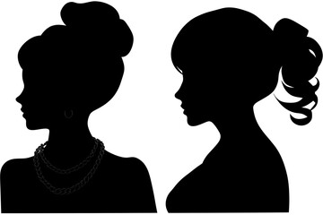 Dark sideways silhouette of two women on white background. In profile. Female shadow-figure. Black. Shadow. Lady, grace, elegance. Forward facing. Half face
