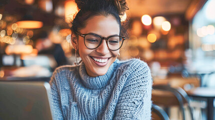 young beautiful caucasian woman wearing blue sweater and eyeglasses using silver laptop in cafe	 - obrazy, fototapety, plakaty
