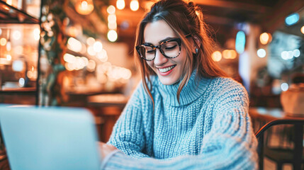 young beautiful caucasian woman wearing blue sweater and eyeglasses using silver laptop in cafe	