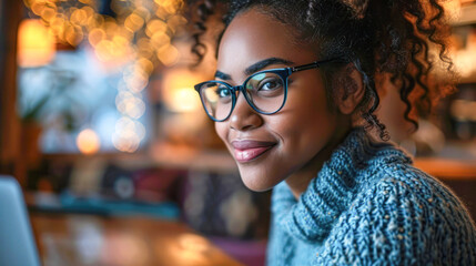 young beautiful caucasian woman wearing blue sweater and eyeglasses using silver laptop in cafe	 - obrazy, fototapety, plakaty