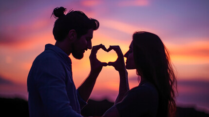 Couple making a heart symbol at sunset with blue and orange sky.	