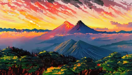 Fotobehang Fujisawa Mountain Summer in watercolor painting © ROKA Creative