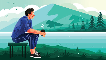 Naklejka premium Man Drinking Coffee By The Lake