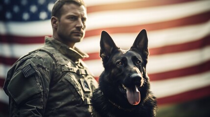 Comprehensive scene showcasing the profound connection between a military man and his service German Shepherd, set against the backdrop of the US flag for Veterans Day. - obrazy, fototapety, plakaty