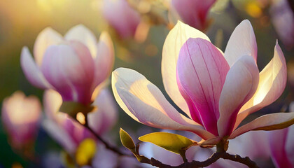 Piękne różowe kwiaty Magnolii, złota godzina. Tapeta, dekoracja. Generative AI - obrazy, fototapety, plakaty