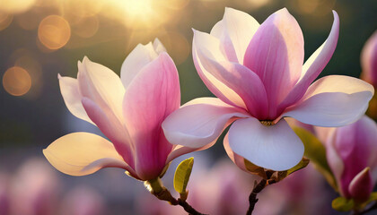 Piękne różowe kwiaty Magnolii, złota godzina. Tapeta, dekoracja. Generative AI - obrazy, fototapety, plakaty