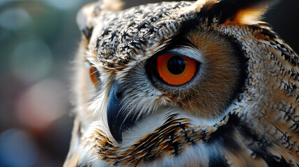 Portrait of an owl with big orange eyes, close-up.