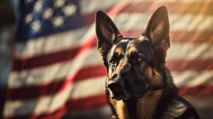 Expansive view capturing the strength and loyalty of a military man and his service German Shepherd with the US flag as a solemn background for Veterans Day.