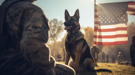 Expansive view capturing the solemnity of Veterans Day with a military man and service German Shepherd, the US flag forming a powerful background. - obrazy, fototapety, plakaty