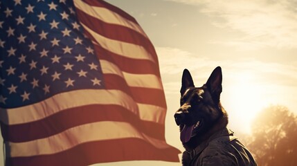 Landscape shot featuring the silhouette of a military man and a service German Shepherd against the backdrop of the US flag, a poignant image for Veterans Day. - obrazy, fototapety, plakaty