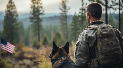 Landscape shot featuring the back of a military man and his service German Shepherd, symbolizing unity and patriotism against the US flag on Veterans Day.