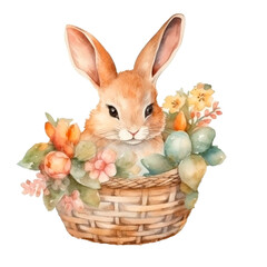 Cute Easter brown bunny in basket with flowers. Watercolor isolated clip art. Happy Easter rabbit bunny watercolor