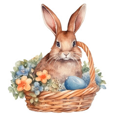 Cute Easter bunny in basket with flowers. Watercolor isolated clip art. Happy Easter symbol bunny watercolor