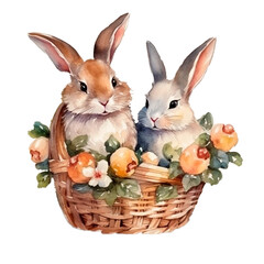 Two cute Easter bunny in basket with flowers. Watercolor isolated clip art. Happy Easter symbol bunny watercolor