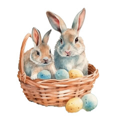 Two cute Easter bunny in basket with flowers. Watercolor isolated clip art. Happy Easter rabbit watercolor.