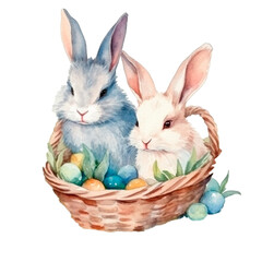 Fototapeta na wymiar Two cute Easter bunny in basket with flowers. Watercolor isolated clip art. Happy Easter rabbit watercolor.