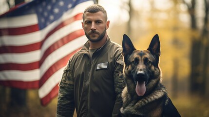 Landscape view featuring the strong bond between a military man and his service German Shepherd, standing proudly in front of the US flag on Veterans Day.
