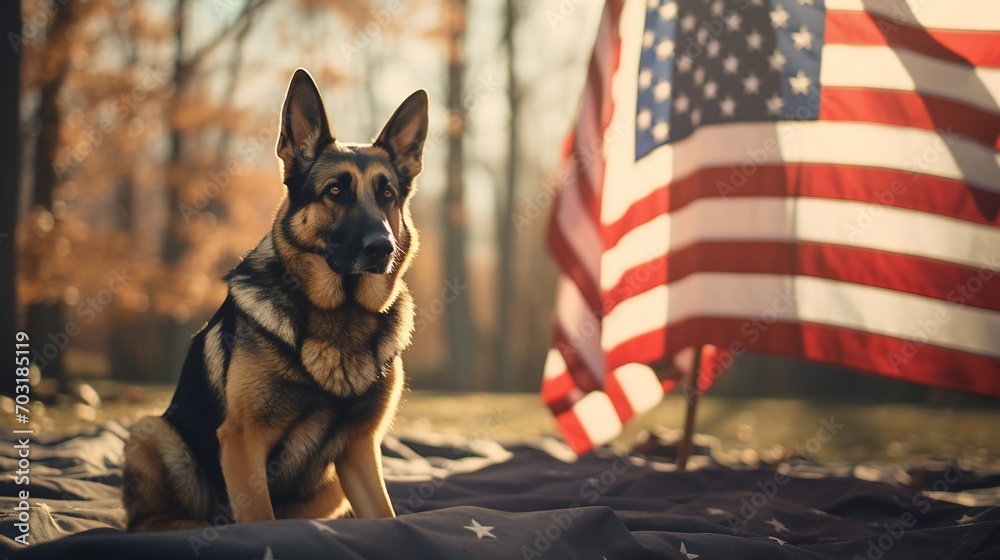 Canvas Prints Panorama illustrating the dedication of a military man and his loyal service German Shepherd against the backdrop of the US flag, a tribute for Veterans Day.