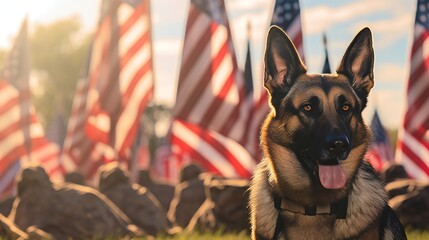 Panorama illustrating the dedication of a military man and his loyal service German Shepherd against the backdrop of the US flag, a tribute for Veterans Day. - obrazy, fototapety, plakaty
