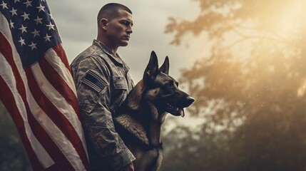Panorama illustrating the honor and sacrifice of veterans with the back of a military man and service German Shepherd, the US flag serving as a poignant background. - obrazy, fototapety, plakaty