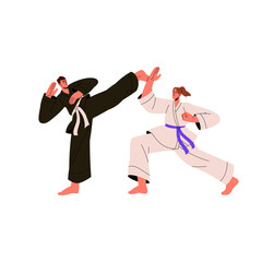 Asian, Chinese martial art. Karate sportsmen training, sparring. Professional kung fu fighter fight, hits competitor. Traditional Japanese sport competition. Flat isolated vector illustration on white © Paper Trident