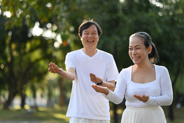 Happy Asian senior couple doing Qigong exercises in the park. Mental health and retired lifestyle...