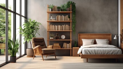 Industrial bookshelf and wooden commode in contemporary bedroom interior with urban jungle