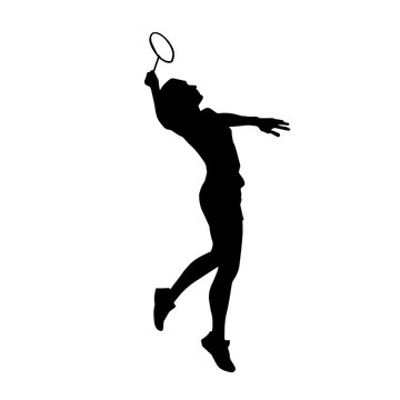 recommend clip art: Silhouette of female badminton athlete in action pose. Silhouette of a slim woman playing badminton sport.