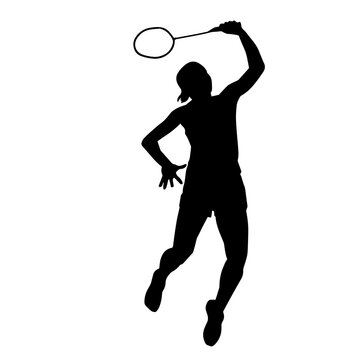 recommend clip art: Silhouette of female badminton athlete in action pose. Silhouette of a slim woman playing badminton sport.