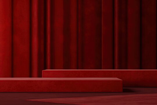 Red platform two step on red curtain background. Abstract background for product presentation. 3D rendering