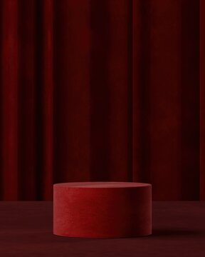 Red circle platform on red curtain background. Abstract background for product presentation. 3D rendering