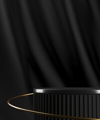 Black cylindrical pallet and gold rings on a black velvet backdrop. Abstract background for product presentation. 3D rendering